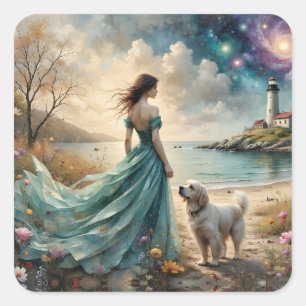 Vrouw in blauwe jurk op het strand met hond, vuurt vierkante sticker