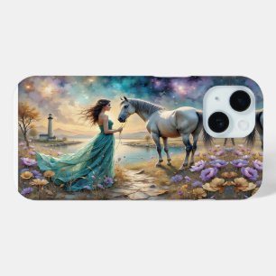Vrouw in blauwe jurk op het strand met paard, vuur iPhone 15 case