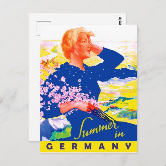 Vrouw in blauwe jurk op zomerveld in Duitsland Briefkaart (Voorkant / Achterkant)