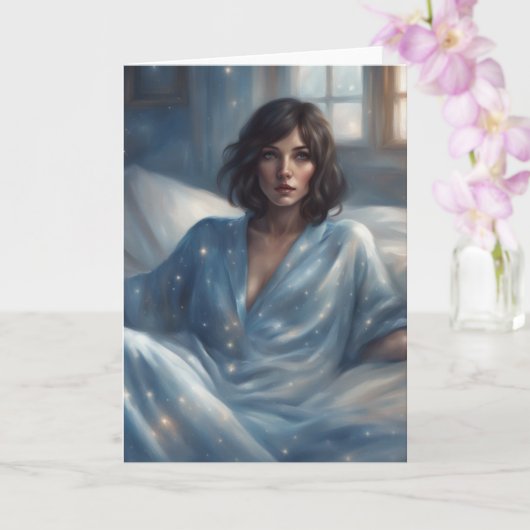 Vrouw in blauwe pyjama's leeg kaart (Orchidee)