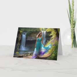 Vrouw in Blauwgroen kleding bij Waterfall Birthday Kaart