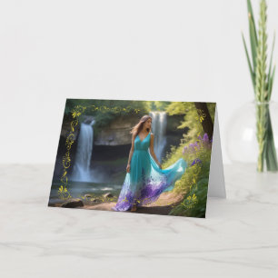 Vrouw in Blauwgroen kleding bij Waterfall Birthday Kaart