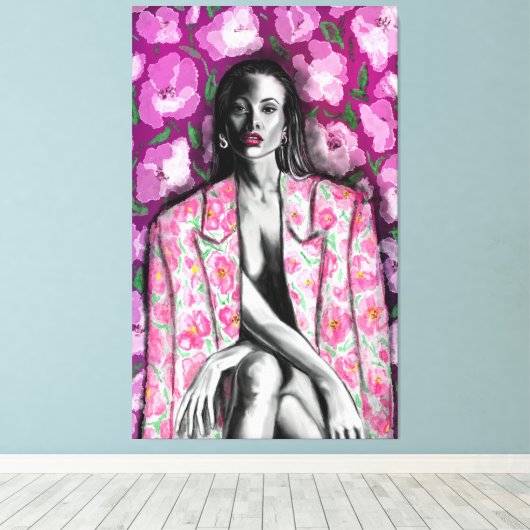 Vrouw in Bloemen Jasje Canvas Print (Insitu (Houten vloer))