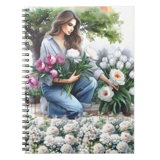 Vrouw in bloementuin Journal Notitieboek (Voorkant)