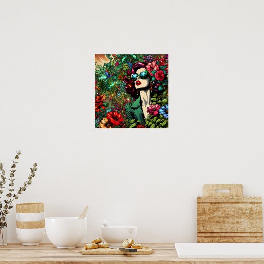  vrouw in bloementuin poster (Keuken)