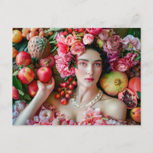 Vrouw in bloemetjesjurk met fruitdisplay briefkaart