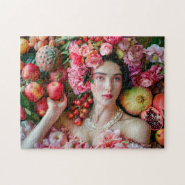 Vrouw in bloemetjesjurk met fruitdisplay legpuzzel