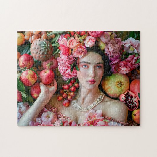 Vrouw in bloemetjesjurk met fruitdisplay legpuzzel (Horizontaal)