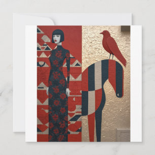 Vrouw in bloemrijke jurk, geruit paard & roodvogel