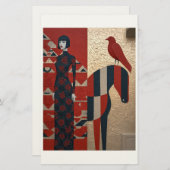 Vrouw in bloemrijke jurk, geruit paard & roodvogel briefpapier (Voorkant / Achterkant)