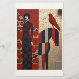 Vrouw in bloemrijke jurk, geruit paard & roodvogel briefpapier