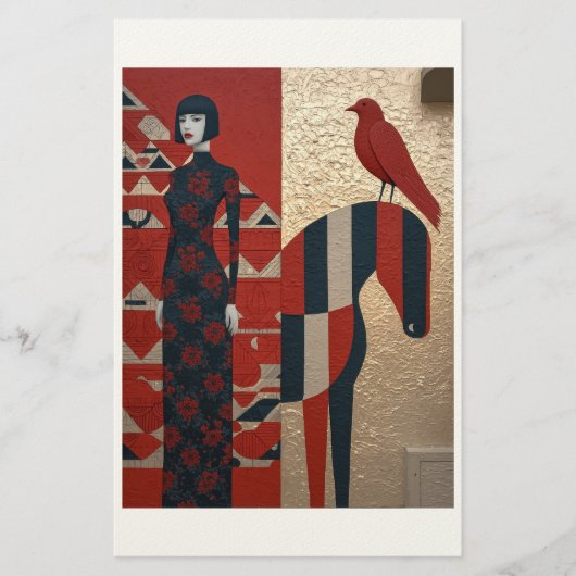 Vrouw in bloemrijke jurk, geruit paard & roodvogel briefpapier (Voorkant)