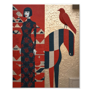 Vrouw in bloemrijke jurk, geruit paard & roodvogel foto afdruk