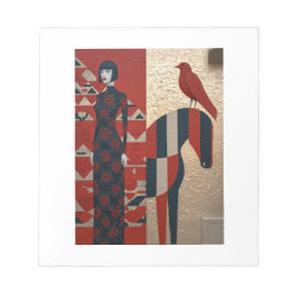 Vrouw in bloemrijke jurk, geruit paard & roodvogel notitieblok