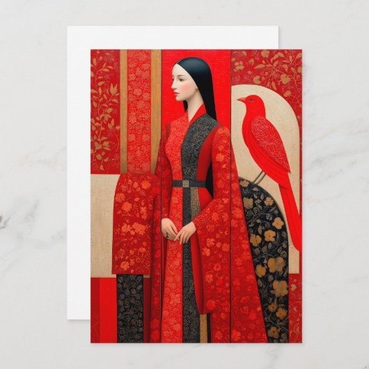 Vrouw in bloemrijke rode bloemenjurk & een rode vo (Voorkant / Achterkant)