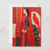 Vrouw in bloemrijke rode bloemenjurk & een rode vo (Voorkant)