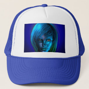 Vrouw in blue trucker pet