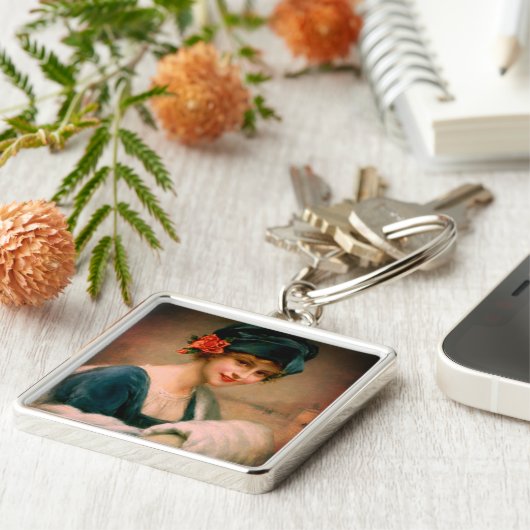  vrouw in bontmoerasportret sleutelhanger (Zijkant)