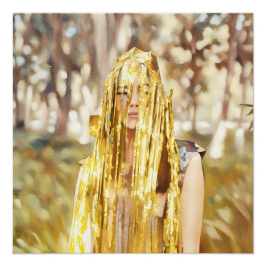 Vrouw in bos gehuld in glinsterende gouden decorat perfect poster (Voorkant)