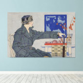 Vrouw in Cafe met spetters Canvas Afdruk (Insitu (Houten vloer))