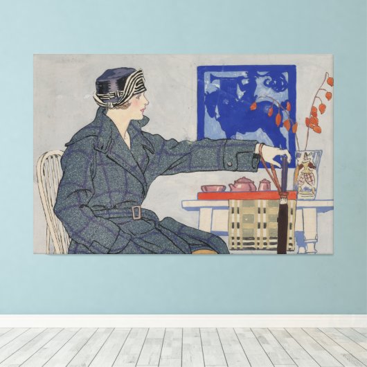 Vrouw in Cafe met spetters Canvas Afdruk (Insitu (Houten vloer))