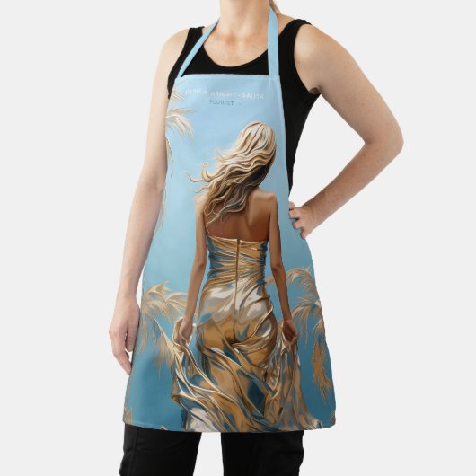 Vrouw in Champaigne kleur jurk blauw esthetisch Schort (Insitu)