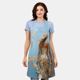 Vrouw in Champaigne kleur jurk blauw esthetisch Schort