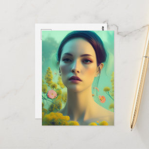 Vrouw in de bloemen briefkaart