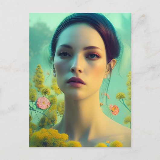 Vrouw in de bloemen briefkaart (Voorkant)