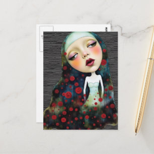 Vrouw in de geheime tuin met bloemen briefkaart
