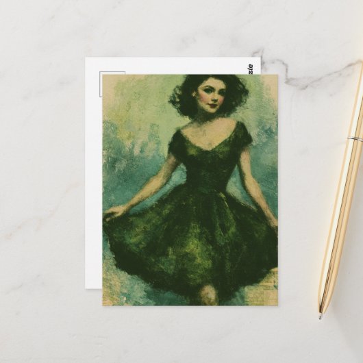 Vrouw in de groene jurk briefkaart (Voorkant / Achterkant in situ)