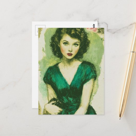 Vrouw in de groene jurk briefkaart (Voorkant / Achterkant in situ)