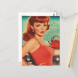 vrouw in de keuken in een rode jurk briefkaart