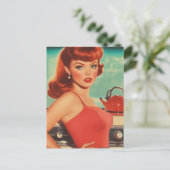 vrouw in de keuken in een rode jurk briefkaart (Staand voorkant)