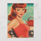 vrouw in de keuken in een rode jurk briefkaart (Voorkant)