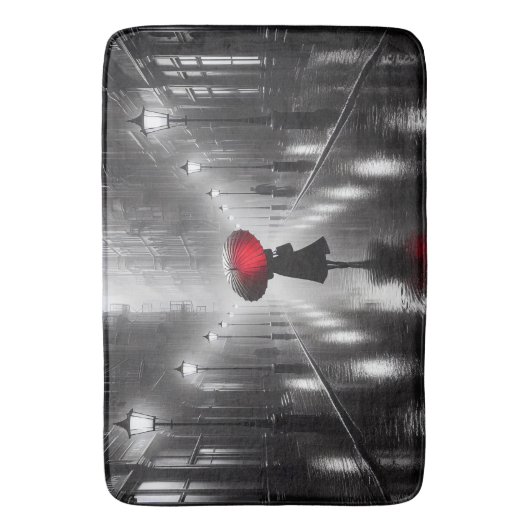 Vrouw in de regen met rode paraplu badmat (Voorkant Verticaal)