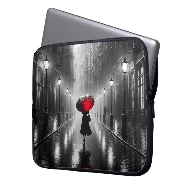 Vrouw in de regen met rode paraplu laptop sleeve (Voorkant Links)