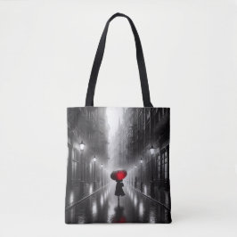 Vrouw in de regen met rode paraplu tote bag