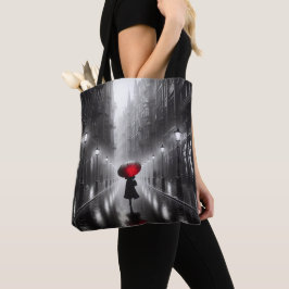 Vrouw in de regen met rode paraplu tote bag