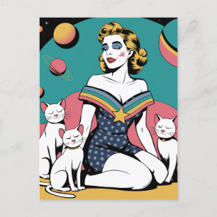 Vrouw in de ruimte met drie witte katten briefkaart