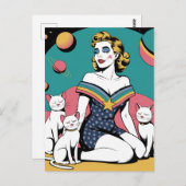 Vrouw in de ruimte met drie witte katten briefkaart (Voorkant / Achterkant)