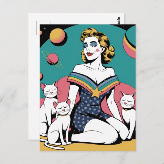 Vrouw in de ruimte met drie witte katten briefkaart (Voorkant / Achterkant)