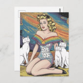 Vrouw in de ruimte met witte katten briefkaart (Voorkant / Achterkant)