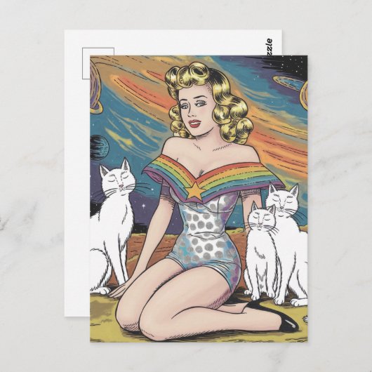 Vrouw in de ruimte met witte katten briefkaart (Voorkant / Achterkant)