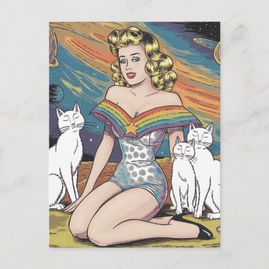 Vrouw in de ruimte met witte katten briefkaart (Voorkant)
