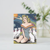 Vrouw in de ruimte met witte katten briefkaart (Staand voorkant)