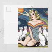 Vrouw in de ruimte met witte katten briefkaart (Voorkant / Achterkant)