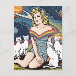 Vrouw in de ruimte met witte katten briefkaart