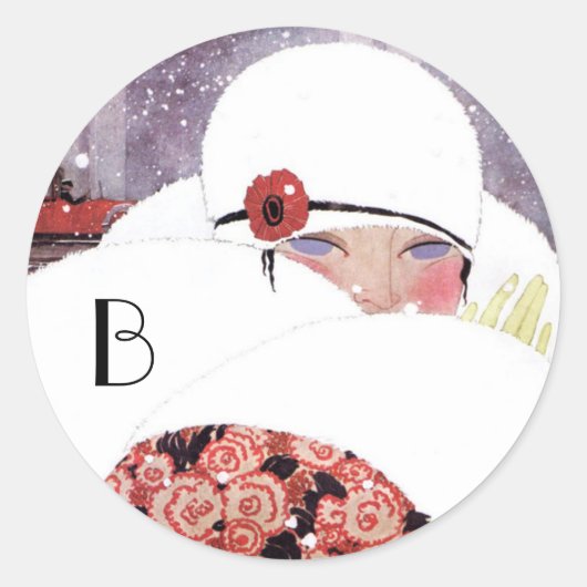 VROUW IN DE SNEE, WINTER BEAUTY MODE MONOGRAM RONDE STICKER (Voorkant)