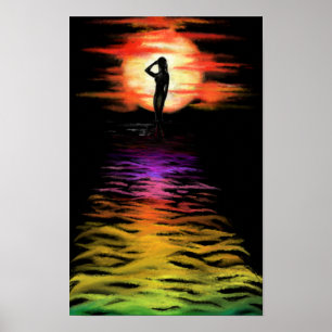 Vrouw in de zee zonsondergang poster - Schilderkun